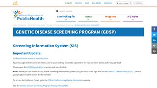 
                            9. Screening Information System (SIS) - CDPH - CA.gov