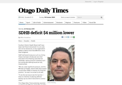 
                            12. SDHB deficit $4 million lower | Otago Daily Times Online News