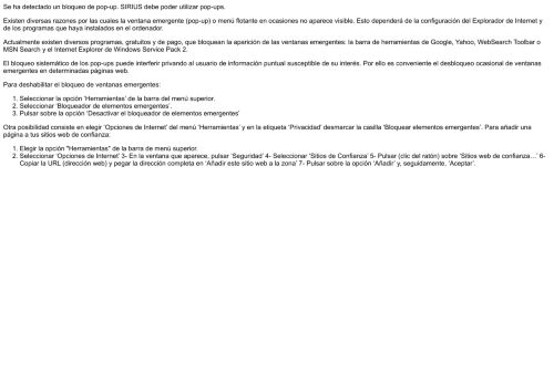 
                            2. Se ha detectado un bloqueo de pop-up. SIRIUS debe poder utilizar ...