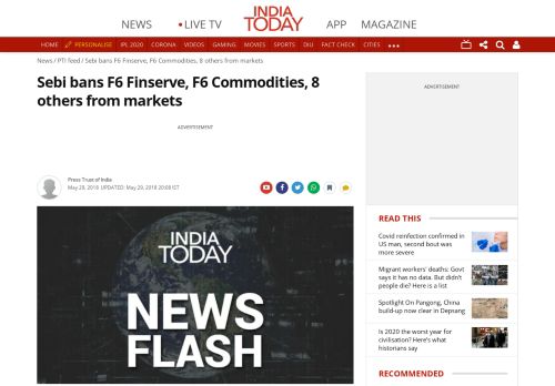 
                            10. Sebi bans F6 Finserve, F6 Commodities, 8 others from markets - PTI ...