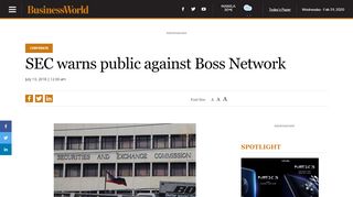 
                            8. SEC warns public against Boss Network | BusinessWorld