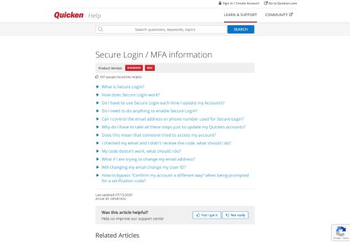 
                            10. Secure Login / MFA information - Quicken