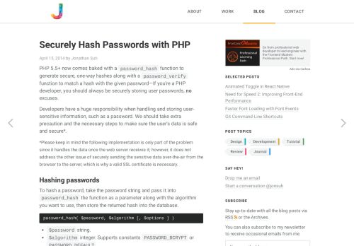 
                            10. Securely Hash Passwords with PHP — Jonathan Suh