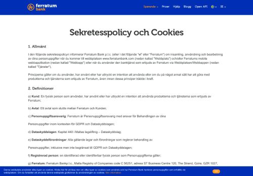 
                            8. Sekretesspolicy och Cookies | Ferratum Bank