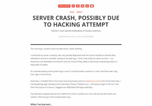 
                            13. Server crash, possibly due to hacking attempt · Seb Duggan