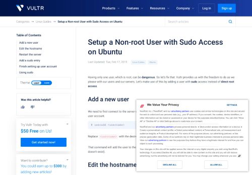 
                            4. Setup a Non-root User with Sudo Access on Ubuntu - Vultr.com