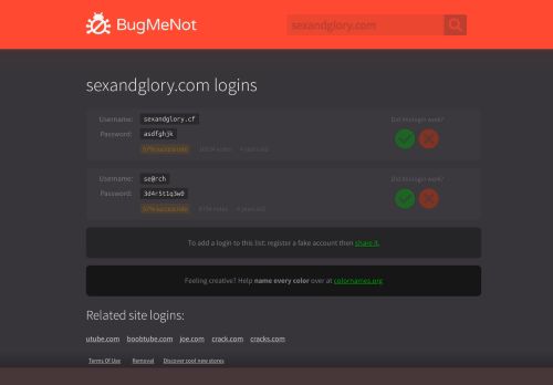 
                            1. sexandglory.com passwords - BugMeNot