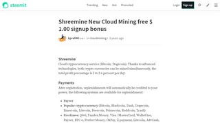
                            4. Shreemine New Cloud Mining free $ 1.00 signup bonus — Steemit