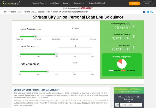
                            7. Shriram City Union Personal Loan EMI Calculator & Check Eligibility ...