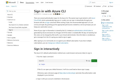 
                            5. Sign in with the Azure CLI | Microsoft Docs
