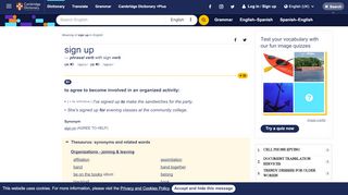 
                            5. SIGN UP | meaning in the Cambridge English Dictionary