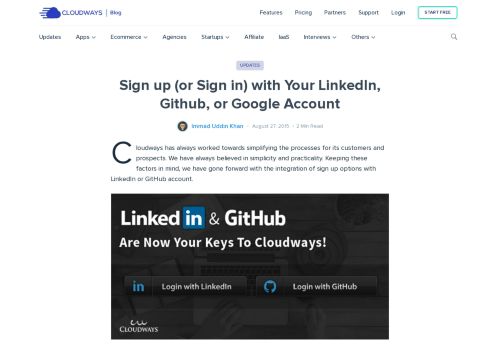 
                            10. Sign up (or sign in) with your LinkedIn or Github account - Cloudways