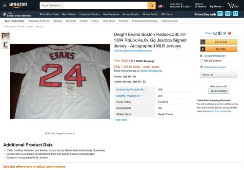 
                            11. Signed Dwight Evans Jersey - Redsox 385 Hr 1384 Rbi 3x As 8x Gg ...