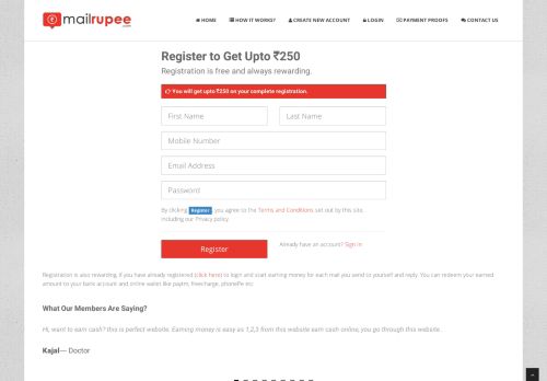 
                            3. SignUp and get Rs 250 in your account | mailrupee.com