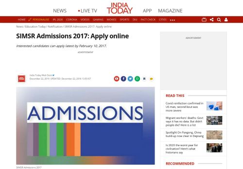 
                            13. SIMSR Admissions 2017: Apply online - Education Today News