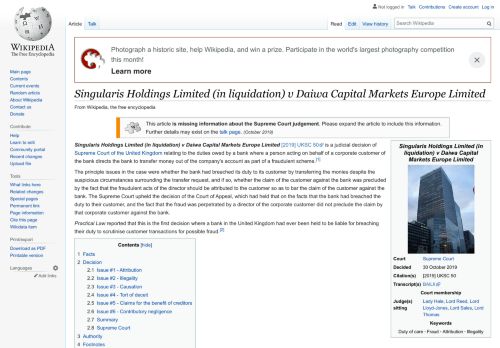 
                            7. Singularis Holdings Limited (in liquidation) v Daiwa Capital Markets ...