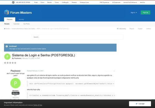 
                            3. Sistema de Login e Senha (POSTGRESQL) - PHP - Fórum iMasters