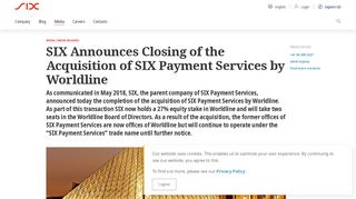 
                            12. SIX Announces Closing of the Acquisition of SIX Payment Services by ...