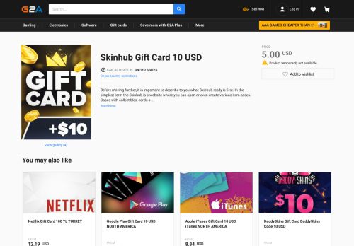 
                            5. Skinhub Gift Card 10 USD - Buy Skinhub Gift Codes - G2a.com