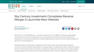 
                            8. Sky Century Investment Completes Reverse Merger & ...