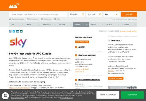 
                            6. Sky Go jetzt auch für UPC Kunden | Sky Österreich GmbH, 04.05.2016
