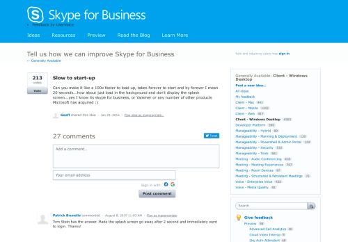 
                            12. Slow to start-up – Skype for Business Feedback