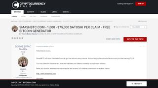 
                            4. SmashBTC.com - 1000 - 375000 satoshi per claim - Free bitcoin generator - Cryptocurrency Talk