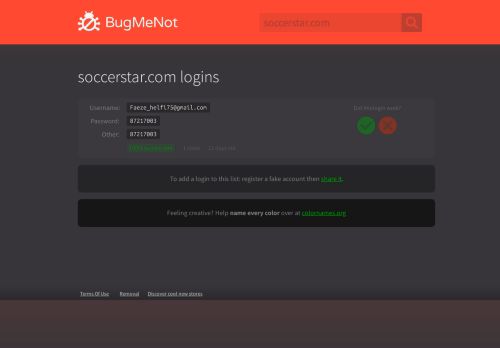 
                            11. soccerstar.com passwords - BugMeNot