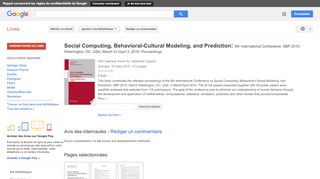 
                            11. Social Computing, Behavioral-Cultural Modeling, and Prediction: ... - Résultats Google Recherche de Livres