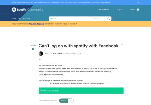 
                            2. Solved: Can't log on with spotify with Facebook - The Spotify ...