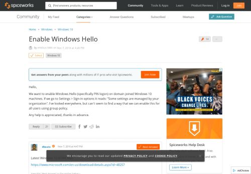 
                            7. [SOLVED] Enable Windows Hello - Windows 10 - Spiceworks Community