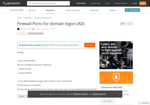 
                            9. [SOLVED] Firewall Ports for domain logon (AD) - Spiceworks Community