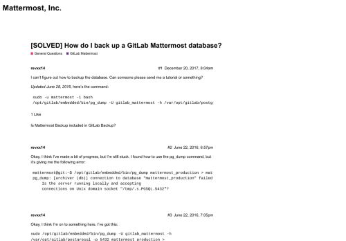 
                            11. [SOLVED] How do I back up a GitLab Mattermost database? - GitLab ...