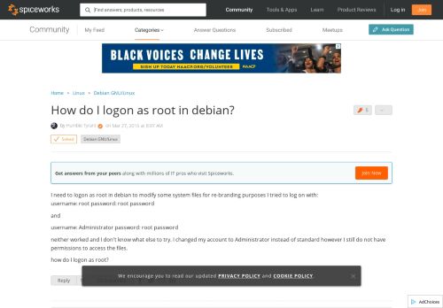 
                            7. [SOLVED] How do I logon as root in debian? - Spiceworks Community