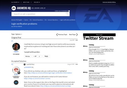 
                            1. Solved: login verification problems - Answer HQ - EA Answers HQ