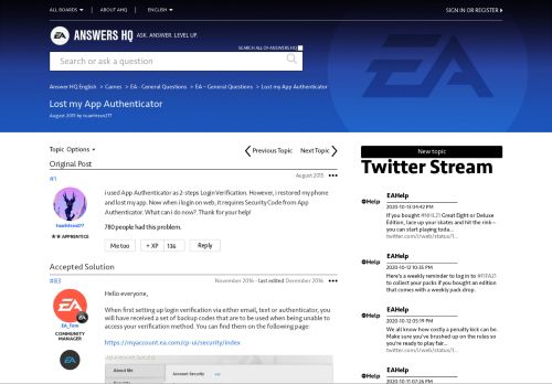 
                            2. Solved: Lost my App Authenticator - Answer HQ - EA Answers HQ