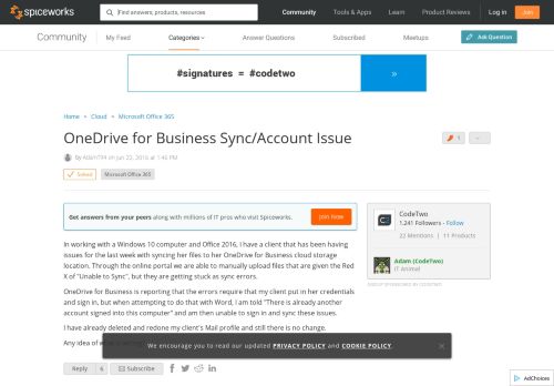 
                            11. [SOLVED] OneDrive for Business Sync/Account Issue - Spiceworks ...