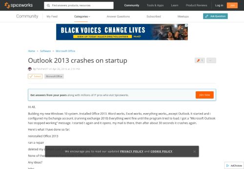 
                            4. [SOLVED] Outlook 2013 crashes on startup - Spiceworks Community