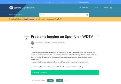 
                            13. Solved: Problems logging on Spotify on WDTV - The Spotify Community