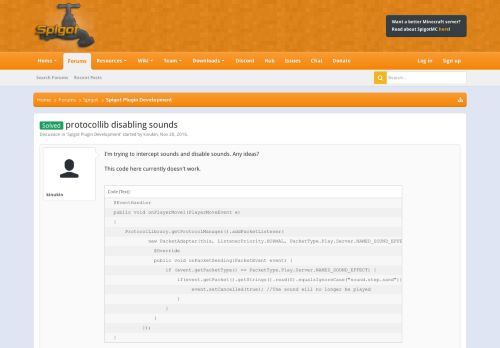 
                            1. Solved - protocollib disabling sounds | SpigotMC - High ...