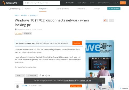 
                            8. [SOLVED] Windows 10 (1703) disconnects network when locking pc ...