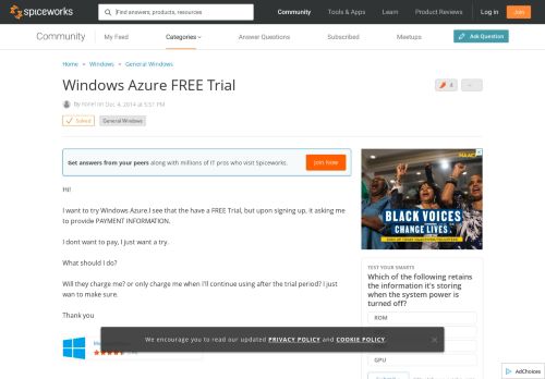 
                            9. [SOLVED] Windows Azure FREE Trial - Windows Forum - Spiceworks ...
