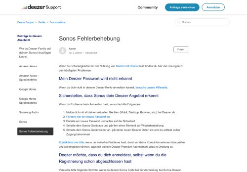 
                            2. Sonos Fehlerbehebung – Deezer Support