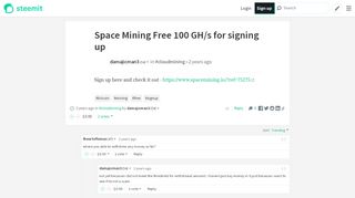 
                            2. Space Mining Free 100 GH/s for signing up — Steemit
