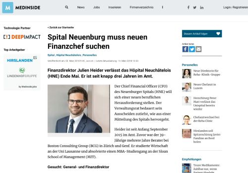 
                            13. Spital Neuenburg muss neuen Finanzchef suchen - Medinside