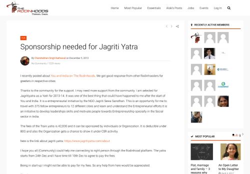 
                            13. Sponsorship needed for Jagriti Yatra - TheRodinhoods