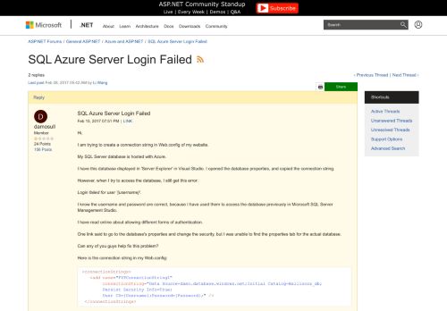 
                            11. SQL Azure Server Login Failed | The ASP.NET Forums