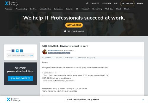 
                            7. SQL ORACLE: Divisor is equal to zero - Experts Exchange