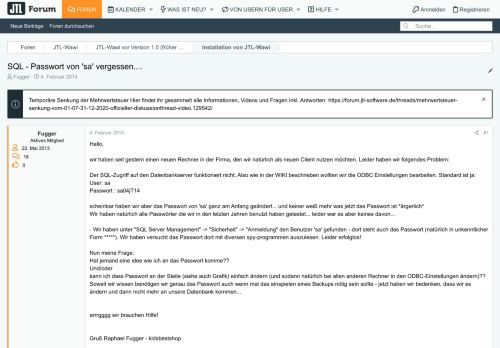 
                            6. SQL - Passwort von 'sa' vergessen.... | Supportforum für JTL-Wawi ...