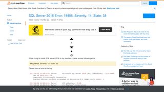 
                            8. SQL Server 2016 Error: 18456, Severity: 14, State: 38 - Stack Overflow